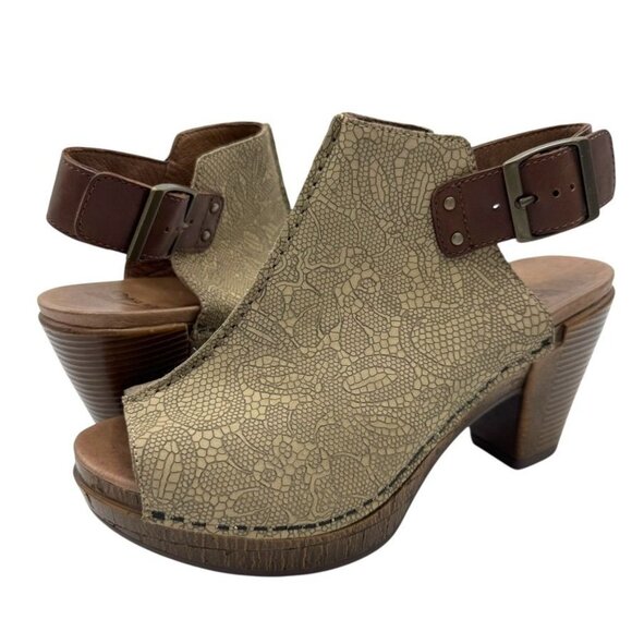 Dansko Reggie Peep Toe Slingback Bootie Taupe Lace Print Women's Size 5.5-6 - Picture 1 of 14